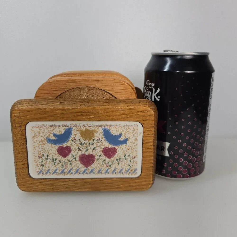VTG Wood Coaster Set with Holder 6 Cork Coasters Blue Birds & Hearts Cottagecore